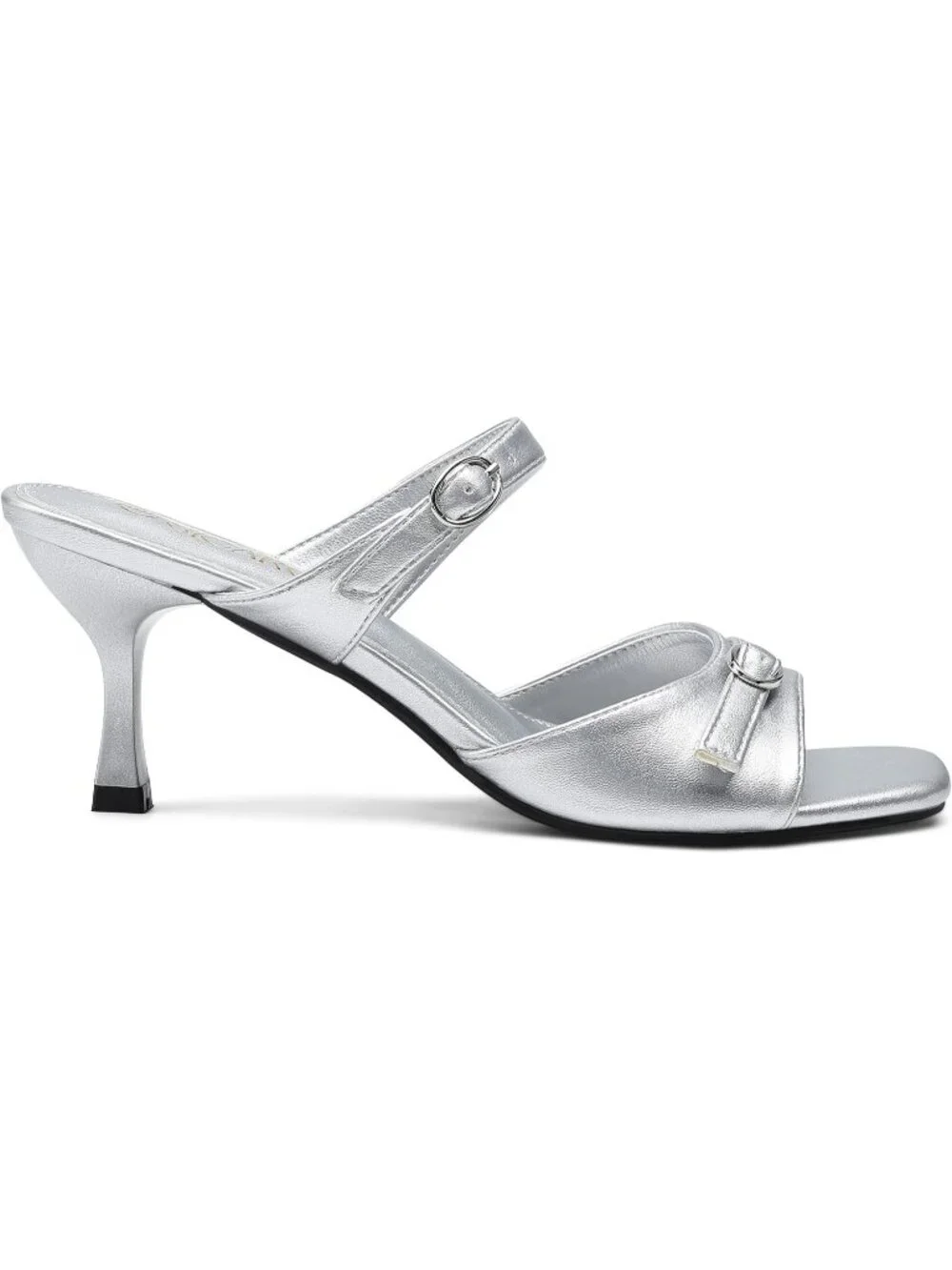 Women's Silver Square Open Toe Low Kitten Heels Buckle Strap Comfort Sandals